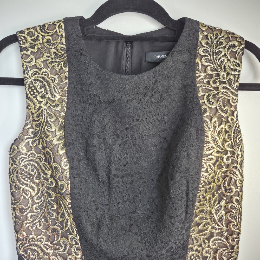 Carmen Marc Valvo Formal Black Gold Panel Brocade Bodycon Cocktail Dress Size 6 - Picture 3 of 11